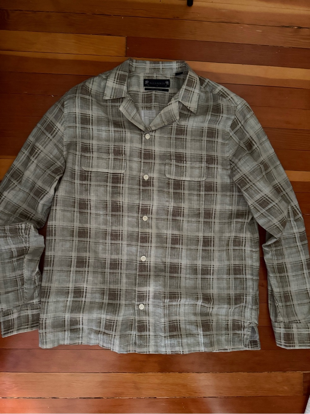 All Saints Olive and Gray Plaid Button-Down Shirt